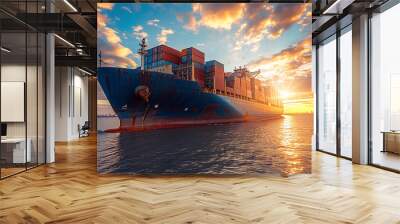 Portrait from side view of cargo ship carrying many stack of containers is crossing the ocean. Large freight container ship at the sea. Suitable for logistic service concept. Generative AI Wall mural