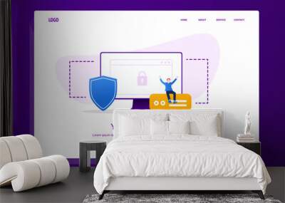 Illustration of cheerful man sitting on the external hard disk with monitor and shield. Modern flat design security concept, landing page template. Wall mural