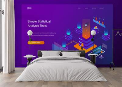 Website 3d Isometric Landing page of People interacting with charts and analyzing statistics. Data visualization concept illustration Wall mural