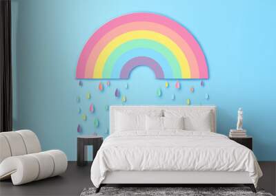 Abstract Rainbow in the rainy season. Rainbow with colorful raindrops. paper cut and craft design. vector, illustration. Wall mural