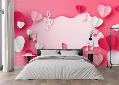 Background of paper hearts with music notes of love and text space for Valentine's day. Card for valentines day. paper cut and craft style. vector, illustration. Wall mural