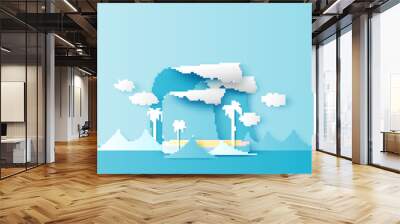 Illustration of circle stage podium sea waves backdrop decorated with coconut tree, cloud and blank space. Summer backdrop. paper cut and craft style. vector, illustration. Wall mural