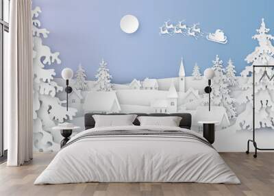 Landscape of snowy countryside and Santa Claus flying on the sky in winter. Merry Christmas and Happy New Year. paper art design. vector, illustration. Wall mural