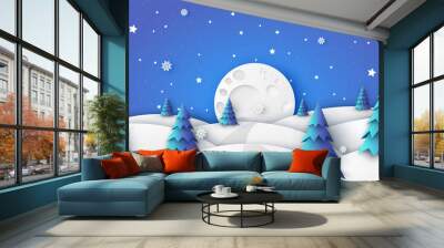 Nature environment of winter forest in night scenery. paper cut and craft style. illustration. Wall mural