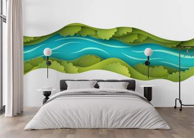 Paper layer cut of top view landscape in forest with trees, river, cloud and narrow valley. Landscape design on paper art. paper cut and craft style. vector, illustration. Wall mural