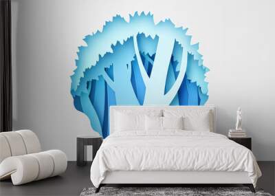 Paper layers cut of winter forest in circle shape frame. Nature of winter trees in layer paper art style. paper cut and craft style. vector, illustration. Wall mural