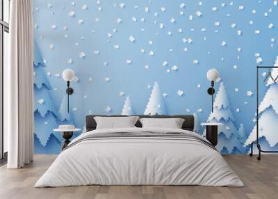 Scenery of winter pine forest and snow falling. Winter forest background. Merry Christmas and happy new year. paper cut and craft style. vector, illustration. Wall mural