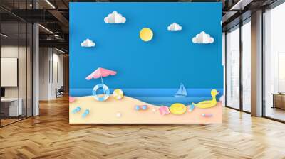 Sea view in summer with water play equipment placed on the beach. Summer time. paper cut and craft style. vector, illustration. Wall mural