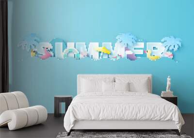 Summer calligraphy with beach equipment in the island middle of Sea. Summer calligraphy. Paper cut and craft style. vector, illustration. Wall mural