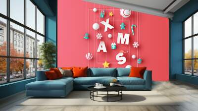 Xmas calligraphy decorated with ball, gift box, star, gingerbread, candy cane and snowflake on red wall frame. Merry Christmas. paper cut and craft style. vector, illustration. Wall mural