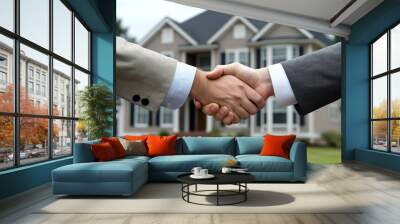 A close-up of two professionals shaking hands in front of a beautiful home, symbolizing agreement and partnership in the real estate service industry. Wall mural