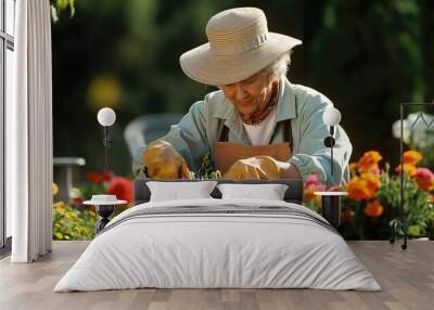 A senior woman, dressed in casual gardening attire, plants flowers in a well-maintained garden, embodying the serenity and fulfillment of nurturing nature Wall mural