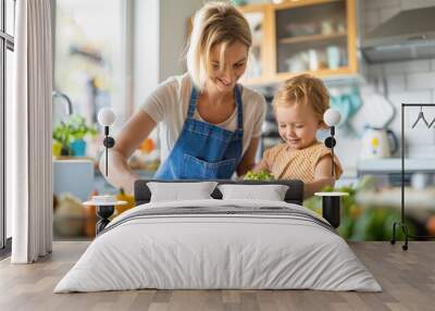 Loving Mother Packing Nutritious Lunchbox for Child in Sunlit Kitchen Wall mural