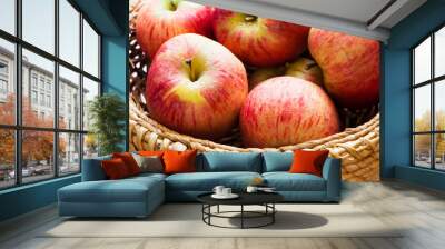 Basket of s and fruit is storing in it. weave food concept. a basket of s lying in a wicker. a basket of s and fruit lying in lifestyle a wicker. Wall mural