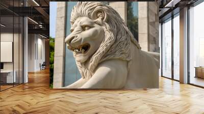 Lions in white and gold with statue art. bangkok majestic architecture concept. large statue of lion stands against the backdrop of a city. a large statue of a lion stands against the backdrop of a. Wall mural