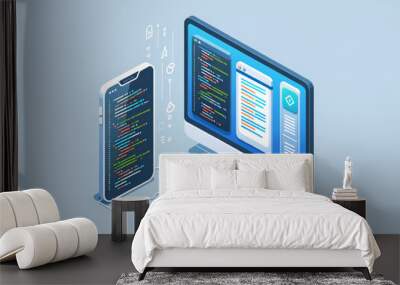  flat vector illustration of a smartphone and a computer coding app Wall mural