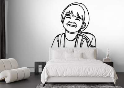 a smiling little girl wearing a backpack line drawing  Wall mural