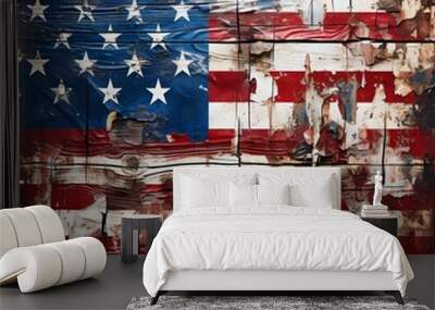 American flag painted on old wood plank Wall mural