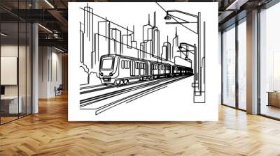 train in city one line illustration Wall mural