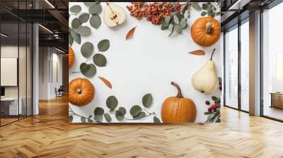 Autumn flat lay white background with pumpkins and seasonal items Wall mural