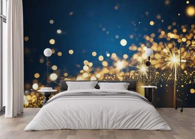 Blue and gold bokeh on New Year’s Eve: Abstract background design Wall mural