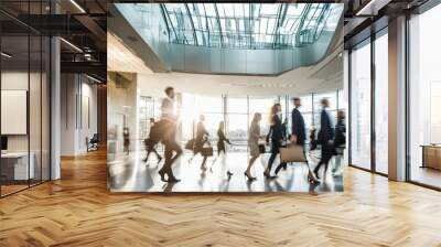 Blurry trail of fast moving business people in bright office lobby captured in long exposure shot Wall mural