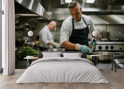 Bustling kitchen with line cook preparing food while wearing gloves Wall mural