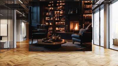 Comfortable fireplace room: Warm fire, bookshelves, and cozy armchairs Wall mural