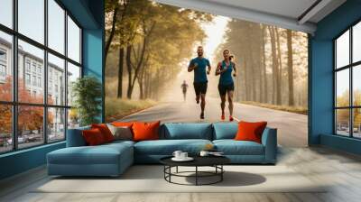 Couple of adults enjoying a morning run in the woods together, healthy lifestyle and longevity Wall mural