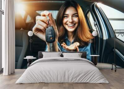 Delightful girl with auto keys - Joyful woman's new car purchase - Concept for automobile industry and car rental Wall mural