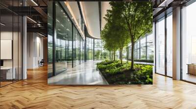 Eco-friendly glass office featuring sustainable building with green environment and trees Wall mural