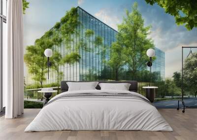 Eco-Friendly Glass Office: Sustainable Building with Trees and Green Environment Wall mural