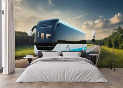 Electric autonomous bus on open highway: Futuristic transport with beautiful nature backdrop Wall mural