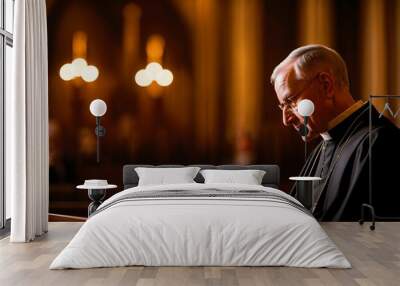 Faithful priest praying in catholic church, devoted prayer Wall mural