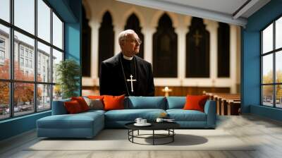 Faithful priest praying in catholic church, devoted prayer Wall mural