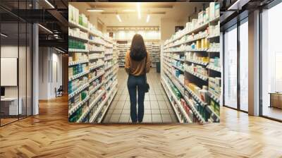 Female shopper in pharmacy, back to camera, exploring medicine aisle Wall mural