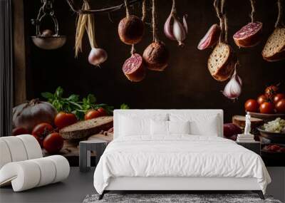 Italian style cooking with hanging foods and fresh ingredients Wall mural