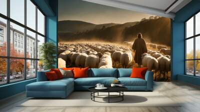 Jesus Christ the shepherd leading sheep and praying to God in a field with bright sunlight Wall mural