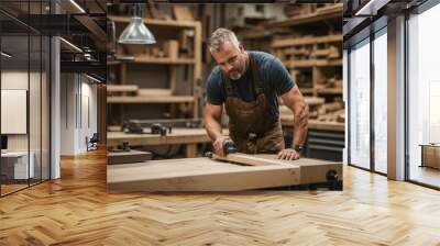 Male carpenter working on woodworking project in wood shop Wall mural