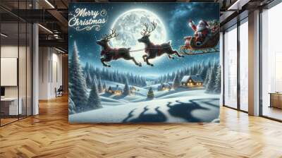 Merry Christmas postcard scene with Santa Claus on sleigh in a starry night sky with reindeer Wall mural