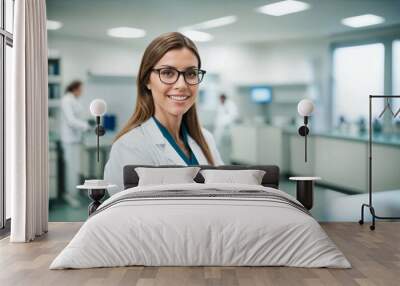 Modern laboratory with team of medical specialists and beautiful young woman scientist in white coat and glasses copyspace Wall mural