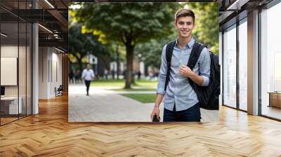 Portrait of smiling male caucasian student carrying school bags on college campus outdoors, education Wall mural