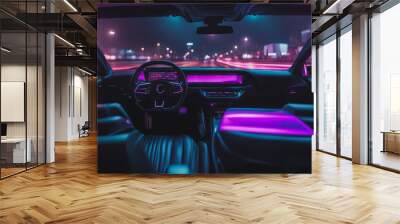 Purple neon synthwave car on a night drive, 80s outrun style Wall mural