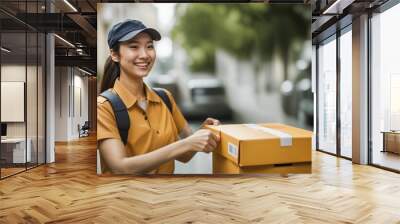 Smiling Asian postman with parcel - cardboard box, young woman delivers, online store delivery, close-up Wall mural