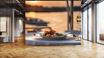 Table set for a romantic lunch on luxury yacht during sunset Wall mural