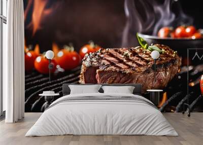 Zoomed-in shot of steak cooking on a grill, fire behind, and a cluster of tomatoes alongside Wall mural