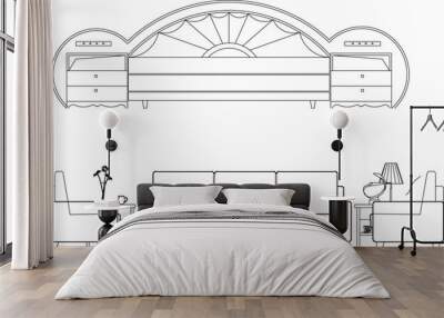 vector illustration sketch design drawing of bed with modern classic vintage ethnic bedroom interior design  Wall mural