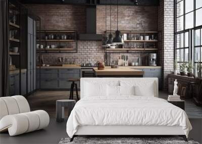 Kitchen in loft style. Wall mockup in loft, kitchen in industrial style ,3d render. Real estate concept. Wall mural