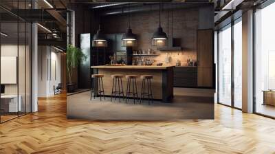 Kitchen in loft style. Wall mockup in loft, kitchen in industrial style ,3d render. Real estate concept. Wall mural