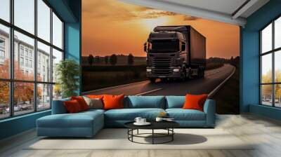 Loaded truck on motorway in sunset. Created with Generative AI technology. Wall mural